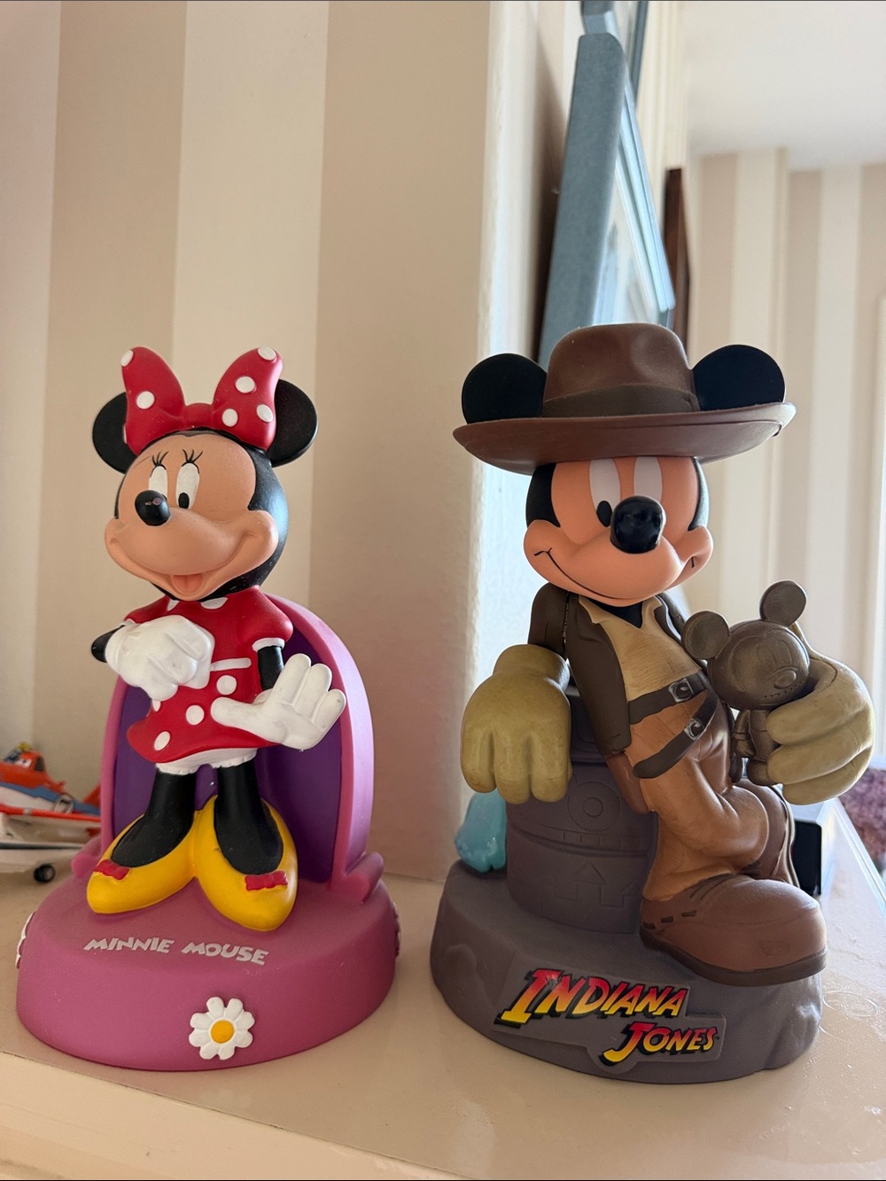 Vintage Disney Minnie Mouse & Indiana Jones Mickey Figurines coin bank